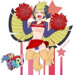  2018 animal_humanoid avian big_breasts blonde_hair breasts cheerleader clothed clothing digital_drawing_(artwork) digital_media_(artwork) echochips feathered_wings feathers female hair harpy humanoid jumping mhfap! monster_girl_(genre) panties pompoms smile solo tali_(mhfap) under_boob underwear upskirt wings 