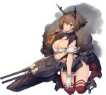  1girl anchor black_skirt boots breasts brown_hair capelet chains cleavage coat fire gloves green_eyes headband kantai_collection kneeling large_breasts machinery midriff mutsu_(kantai_collection) official_art pleated_skirt red_legwear remodel_(kantai_collection) rigging shizuma_yoshinori short_hair simple_background skirt smoke solo striped striped_skirt thigh_boots thighhighs torn_clothes transparent_background turret white_gloves 