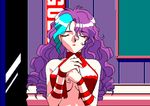  animahjong_x animated animated_gif blue_eyes blush bouncing_breasts breasts highlights lipstick long_hair lowres makeup medium_breasts multicolored_hair natsuki_okada nipples panties purple_hair smile sogna solo underwear undressing white_panties 