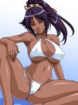  armpits bangs barefoot bikini bleach blue_background breasts bursting_breasts cameltoe cleavage cleavage_cutout covered_nipples crotch dark_skin flipped_hair gradient gradient_background groin hair_ribbon halterneck head_tilt high_ponytail jpeg_artifacts kagami_hirotaka large_breasts light_smile long_hair looking_at_viewer navel parted_bangs ponytail purple_hair reference_work ribbon scrunchie shadow shihouin_yoruichi shiny shiny_hair side-tie_bikini sideboob sitting smile solo spread_legs string_bikini swimsuit underboob white_bikini wide_hips yellow_eyes 