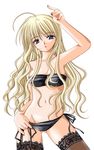  artist_request bare_shoulders blonde_hair blue_eyes bra breasts cleavage copyright_request lingerie long_hair panties side-tie_panties small_breasts solo stomach thighhighs underwear underwear_only 