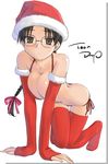  bikini breast_squeeze breasts butt_crack christmas elbow_gloves fur_trim glasses gloves hat hoshina_tomoko large_breasts red_gloves santa_costume santa_hat side-tie_bikini solo swimsuit thighhighs to_heart tsuina 