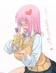  amami_amayu banana blush breasts closed_eyes cupping_hand food fruit glasses holding holding_food holding_fruit huge_breasts licking original pink_hair school_uniform sexually_suggestive solo sweater_vest translated vest 