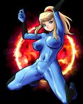  artist_request blonde_hair blue_bodysuit blue_eyes bodysuit breasts covered_nipples large_breasts latex lowres metroid oekaki ponytail samus_aran shiny shiny_clothes skin_tight solo space zero_suit 