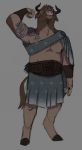  anthro armor belt bovid bovine brown_fur brown_hair cattle clothed clothing dungeons_&amp;_dragons flexing fur grey_background hair hair_over_eyes highland_cattle hooves horn kilt male mammal minotaur muscular muscular_male pose simple_background solo standing svissalan syrnax tattoo vambraces 