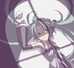  arm_up collared_shirt cup detached_sleeves drinking_glass frills green_eyes grey_shirt hair_between_eyes hair_ornament hatsune_miku headphones kuro_(kuroneko_no_kanzume) long_hair looking_at_viewer lying necktie on_back open_mouth shade shirt solo twintails upper_body vocaloid window_shade wine_glass 