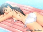  1girl bikini black_hair breasts eyes_closed game_cg inflatable_raft long_hair mizushima_asa pool side-tie_bikini sideboob solo sora_no_iro_mizu_no_iro swimsuit taka_tony tan tanaka_takayuki tanline water 