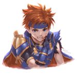  1boy armor azto_dio blood blue_eyes cape fire_emblem fire_emblem:_fuuin_no_tsurugi fire_emblem_heroes gloves headband highres looking_at_viewer male_focus nintendo red_hair roy_(fire_emblem) short_hair simple_background smile solo torn_clothes white_background 
