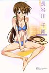  1girl absurdres barefoot female frown full_body glasses hasegawa_chisame highres mahou_sensei_negima mahou_sensei_negima! megami official_art ookaji_hiroyuki sitting solo swimsuit 