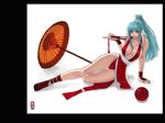  ark_(morita_hitomi) blue_eyes blue_hair breasts capcom closed_fan cosplay demon_girl fan fatal_fury fingernails folding_fan large_breasts long_fingernails long_hair morrigan_aensland nail_polish oriental_umbrella pelvic_curtain purple_nails revealing_clothes shiranui_mai shiranui_mai_(cosplay) snk solo succubus the_king_of_fighters thighs umbrella vampire_(game) 