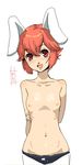 animal_ears arms_behind_back breasts bunny_ears copyright_request mumu navel open_mouth panties red_eyes red_hair short_hair small_breasts smile solo topless underwear underwear_only 