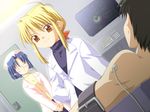  blonde_hair blue_hair brown_eyes closed_eyes dutch_angle game_cg kannazuki_genshi kinosaki_yuu kirishima_kaho multiple_girls nurse ponytail short_hair smile trouble_trap_laboratory turtleneck 