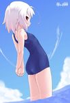  albino antenna_hair arms_behind_back ass blue blue_swimsuit copyright_request cowboy_shot dated day flat_chest kei_jiei one-piece_swimsuit outdoors profile red_eyes school_swimsuit short_hair solo stretch swimsuit v_arms wading water white_hair 