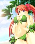  breasts cleavage copyright_request covered_nipples from_below large_breasts leaf_bikini long_hair looking_down palm_tree purple_eyes red_hair solo tanaka_takayuki tree twintails 