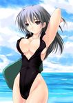  adjusting_hair amei_sumeru arm_up armpits blue_hair breasts cleavage cloud copyright_request covered_nipples day highleg highleg_swimsuit kickboard large_breasts long_hair looking_at_viewer ocean one-piece_swimsuit outdoors purple_eyes sideboob sky smile solo swimsuit water wet 