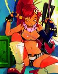  bikini_top boots breasts cleavage fingerless_gloves gloves gun hair_ornament igarasy large_breasts long_hair navel open_mouth ponytail pubic_hair red_hair scarf shooting_glasses shorts sitting solo sunglasses tan tengen_toppa_gurren_lagann thighhighs weapon yellow_eyes yoko_littner 