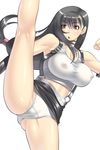  black_hair breasts covered_nipples final_fantasy final_fantasy_vii high_kick kansuke kicking large_breasts long_hair low-tied_long_hair nipples panties red_eyes see-through skirt solo suspender_skirt suspenders tifa_lockhart underwear white_panties 