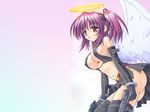  angel angelical_pendulum ass belt bow bracelet breasts cleavage covered_nipples dual_wielding elbow_gloves gloves gradient gradient_background gun hair_bow halo handgun highres holding hoshiyumi_chiseri jewelry large_breasts matra_milan midriff miniskirt pistol purple_hair red_eyes sideboob skirt solo thighhighs trigger_discipline twintails underboob wallpaper weapon wings 