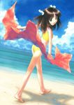  1girl :d aqua_eyes ass back bangs barefoot beach bikini black_hair breasts cloud cloudy_sky floating_hair from_side goto_p hair_ornament hair_ribbon holding kneepits legs long_hair looking_at_viewer looking_back ocean open_mouth parted_bangs ribbon shadow sky small_breasts smile solo standing swimsuit tankini two_side_up walking water yellow_bikini 