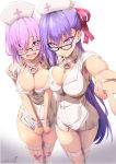  2girls absurdres alternate_costume armpits bangs bb_(fate)_(all) bb_(fate/extra_ccc) black-framed_eyewear blue_hair blush breasts cleavage collar commentary_request covering covering_crotch dated dress embarrassed eyebrows_visible_through_hair fate/grand_order fate_(series) glasses gradient gradient_background hair_over_one_eye hair_ribbon hand_on_another&#039;s_shoulder hat highres kurihara_kazuake large_breasts looking_at_viewer mash_kyrielight multiple_girls nail_polish nose_blush nurse nurse_cap open_mouth outstretched_arm pink_hair pink_ribbon purple_eyes ribbon short_dress short_hair short_sleeves skindentation thigh_strap thighhighs white_background white_dress white_legwear white_nails 