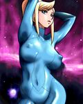  artist_request blonde_hair blue_bodysuit blue_eyes bodysuit breasts huge_breasts lowres metroid oekaki pose samus_aran solo space zero_suit 