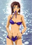  90s absurdres antenna_hair bikini bikini_in_mouth blue_bikini blurry bob_cut breasts breasts_apart brown_hair cleavage clenched_teeth cowboy_shot depth_of_field green_eyes highres hips looking_at_viewer medium_breasts mouth_hold nakajima_atsuko navel ocean official_art open_fly outdoors short_hair slender_waist solo sports_bikini standing swimsuit teeth tsujimoto_natsumi unbuttoned unfastened unzipped water you're_under_arrest 