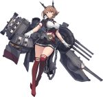  1girl black_skirt breasts brown_hair capelet chains coat flipped_hair full_body gloves green_eyes grin headband headgear kantai_collection large_breasts mutsu_(kantai_collection) official_art pleated_skirt red_legwear remodel_(kantai_collection) rigging rudder_footwear searchlight shizuma_yoshinori short_hair simple_background skirt smile smokestack solo thighhighs transparent_background turret white_gloves 