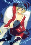  arms_up bed bed_sheet black_legwear blonde_hair blush christmas dress flat_chest from_above full_body fur_trim hatoba kneehighs long_sleeves looking_at_viewer looking_up lying on_back on_bed open_clothes open_dress original pillow red_dress santa_costume short_hair solo thighhighs 