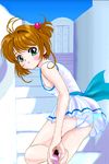  blush brown_hair cardcaptor_sakura flat_chest green_eyes hair_bobbles hair_ornament high_heels kinomoto_sakura looking_back nipple_slip nipples panties purple_footwear ribbon shoes skirt solo stairs underwear upskirt white_panties white_skirt zz-r 