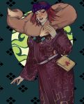  1girl ainu ainu_clothes bag bandanna bead_necklace beads earrings fox fur golden_kamuy hand_up handbag highres hoop_earrings inkarmat jewelry lipstick long_sleeves looking_at_viewer makeup necklace red_eyes red_hair simple_background smile solo standing tamimay_(kshatriya) 