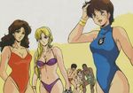  3girls 80s :d adjusting_hair arms_behind_back artist_request bangs bikini black_eyes black_hair blonde_hair blue_eyes bracelet braid breasts brown_hair casual_one-piece_swimsuit cleavage dark_skin diane_lance everyone hair_ribbon hand_on_head jewelry kaine_wakaba kikou_senki_dragonar large_breasts leaning_forward light_newman linda_plato lipstick long_hair makeup male_swimwear multiple_boys multiple_girls navel necklace official_art oldschool one-piece_swimsuit open_mouth parted_bangs pendant pointing purple_eyes purple_lipstick radio ribbon rose_patterson shirtless short_hair single_braid smile squatting star star_print striped striped_swimsuit swim_briefs swimsuit swimwear tapp_oceano turtleneck wavy_hair wet wristband 