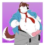  animal_genitalia animal_penis anthro belt canid canine canine_penis canis clothed clothing domestic_dog duly_noted erection knot looking_at_viewer male mammal necktie nipples open_shirt overweight overweight_male penis smile solo standing teats 