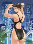  ass blonde_hair blue_eyes cityscape competition_swimsuit goggles looking_back night nyanko_batake one-piece_swimsuit pool poolside swim_cap swimsuit 