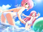  2girls beach brown_eyes cute multiple_girls pink_hair siblings sisters swimsuit twins 