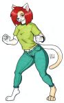  2018 5_fingers anthro black_nose butt cat clothed clothing eyebrows feline female fur haibet hair hi_res inner_ear_fluff jeans looking_at_viewer mammal multicolored_fur pants red_hair shirt short_hair simple_background smile solo standing t-shirt thick_thighs traditional_media_(artwork) white_background white_fur wide_hips young 