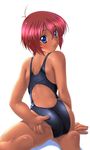  adjusting_clothes adjusting_swimsuit ass back blue_eyes blush competition_swimsuit from_behind ishii_akira kneeling looking_back one-piece_swimsuit one-piece_tan original red_hair short_hair solo swimsuit tan tanline 