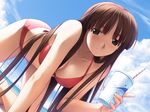  1girl bikini breasts brown_eyes brown_hair cleavage cloud game_cg hashimoto_takashi hiiragi_ayumi long_hair sky smile solo swimsuit white_breath 