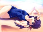  alternate_costume arm_up bangs beach blue_swimsuit breasts clenched_hands crossed_legs day fate/stay_night fate_(series) from_above hair_ribbon long_hair looking_at_viewer lying matou_sakura norizou_type-r ocean on_back on_ground one-piece_swimsuit outdoors parted_lips purple_eyes purple_hair ribbon school_swimsuit small_breasts solo swimsuit water 