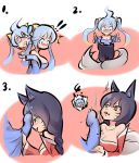  2girls :3 @_@ ahri animal_ears aqua_hair bare_shoulders black_hair blue_eyes blush breasts bulge cleavage comic covering covering_crotch drooling erection erection_under_clothes fox_ears fox_tail futa_with_female futanari handjob hands_on_own_face heart holding_penis large_breasts league_of_legends licking long_hair motion_blur multiple_girls no_panties open_mouth saliva smile sona_buvelle standing surprised tail tears tied_hair tongue tongue_out trembling twintails twitching xia_siren yellow_eyes 