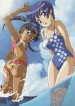  2girls ai_yori_aoshi armpits arms_up ass barefoot bikini blue_eyes blue_hair breasts butt_crack cleavage cloud dark_skin highres minazuki_chika multiple_girls official_art purple_eyes purple_hair sakuraba_aoi short_hair sky swimsuit twintails water wet 