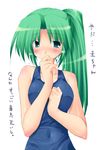  blush green_eyes green_hair higurashi_no_naku_koro_ni kuzunoha_kyouji_(sunny_side_street) one-piece_swimsuit ponytail school_swimsuit solo sonozaki_mion swimsuit translated 