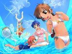  3girls ahoge bikini blue_hair blush braid brown_hair child cloud day happy kickboard multiple_boys multiple_girls ocean one-piece_swimsuit original satou_toshiyuki school_swimsuit shirt side-tie_bikini sky swimsuit wet wet_clothes wet_shirt 