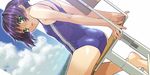  ass cloud day double_vertical_stripe green_eyes ino one-piece_swimsuit original purple_hair short_hair sitting sky solo swimsuit 