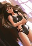  1girl black_eyes brown_hair competition_swimsuit crossed_arms dutch_angle erect_nipples jiji long_hair lying one-piece_swimsuit smile solo sunlight swimsuit wet 