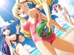  3girls armpits ass back ball bangs beach beachball bikini blonde_hair blue_eyes blue_hair blunt_bangs breast_squeeze breasts casual_one-piece_swimsuit cloud covering covering_crotch drill_hair flat_chest from_behind fuutou_shizune game_cg glasses green_eyes hair_ribbon head_tilt holding huge_breasts ino large_breasts lens_flare light_rays long_hair looking_at_viewer looking_back mizugi multiple_girls one-piece_swimsuit open_mouth oshioki_sweetie outdoors parted_bangs pink_eyes pink_hair profile ribbon see-through shinmeiji_rinn short_hair shuu_mariko sideboob sky smile sports_bikini standing sun sunbeam sunlight swimsuit tankini thighs twin_drills underboob very_long_hair water 