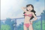  1girl ^_^ azumanga_daiou bikini eyes_closed long_hair mizugi open_mouth outdoors smile solo swimsuit tanizaki_yukari teacher 