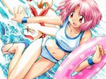  &gt;_&lt; :d blush bob_cut closed_eyes cyarott_(kaerunyo_panyon) dog dutch_angle feet game_cg innertube kaerunyo_panyon karen_(artist) leg_up legs navel open_mouth panyon_(kaerunyo_panyon) pink_eyes pink_hair polka_dot sandals scarf short_hair smile solo sparkle splashing sports_bikini standing swimsuit tankini thigh_gap tripping water wristband 