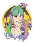  animal_print bat_print between_breasts breasts bulleta chibi felicia green_hair head_wings lei_lei lilith_aensland long_hair minigirl morrigan_aensland multiple_girls nanboku pantyhose person_between_breasts print_legwear q-bee vampire_(game) 