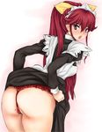  ass bent_over dress dress_lift kimi_ga_aruji_de_shitsuji_ga_ore_de long_hair maid panties pink_eyes red_hair scharfschutze solo thong underwear venis 