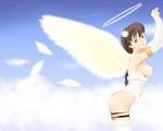  angel angel_wings ass bad_id bad_pixiv_id bent_over bottomless breasts brown_eyes brown_hair elbow_gloves feathers flower gloves halo large_breasts long_hair nanahime original sideboob smile solo thighhighs wings 